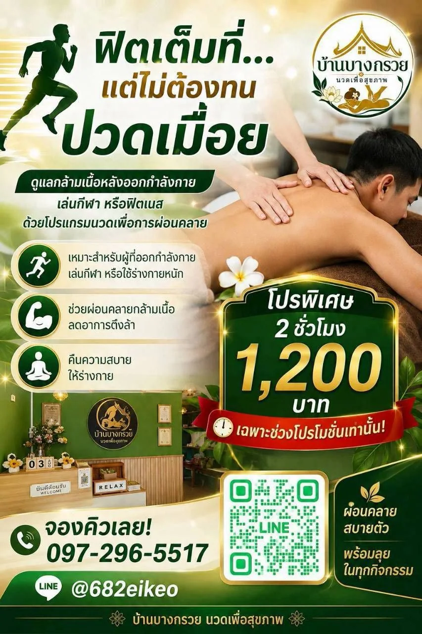 โปรโมชั่นนวดสปอร์ต ดูแลกล้ามเนื้อหลังออกกำลังกาย 2 ชั่วโมง 1200 บาท